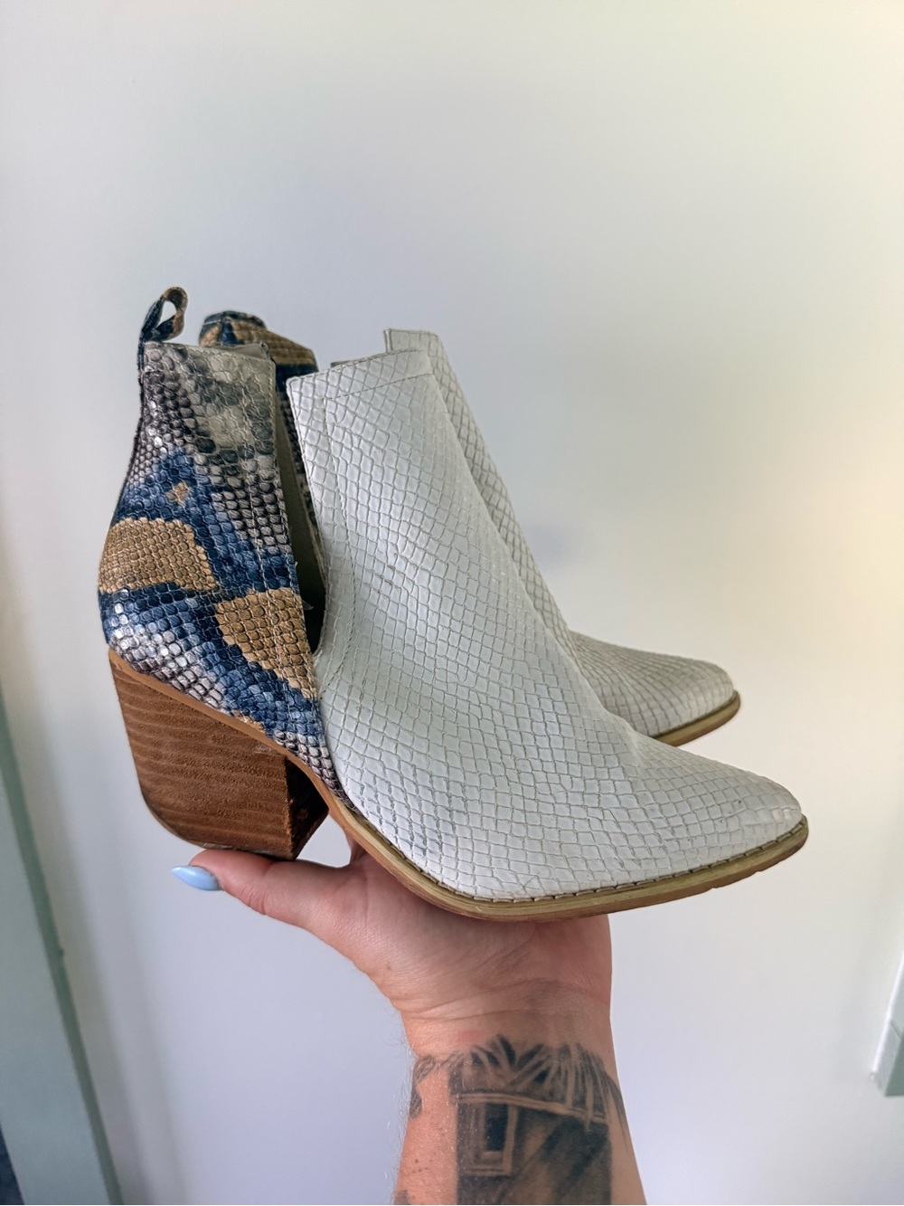 White Textured Ankle Booties with Snake-Print Heel Accent
